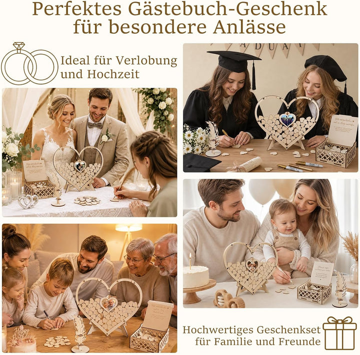 Gästebuch Hochzeit Holz, Herzform Hochzeitsgästebuch mit 100 Holzherzen, Fotorahmen &amp; Aufbewahrungsb