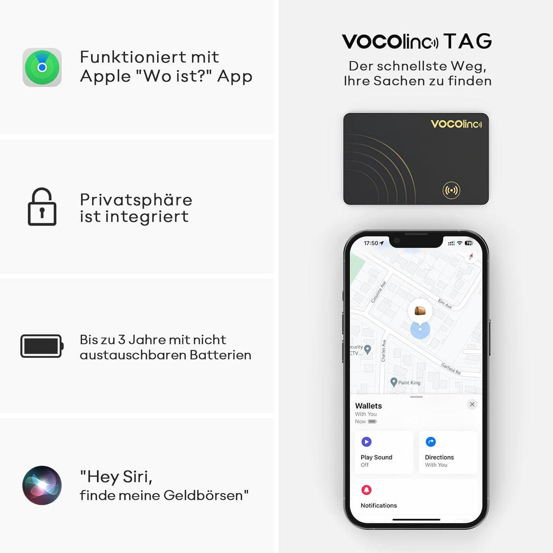 VOCOlinc Wallet Tracker Karte Slim 1.6mm, Smart Air Tracker Tag Card Kompatibel mit Apple Wo ist? Ap