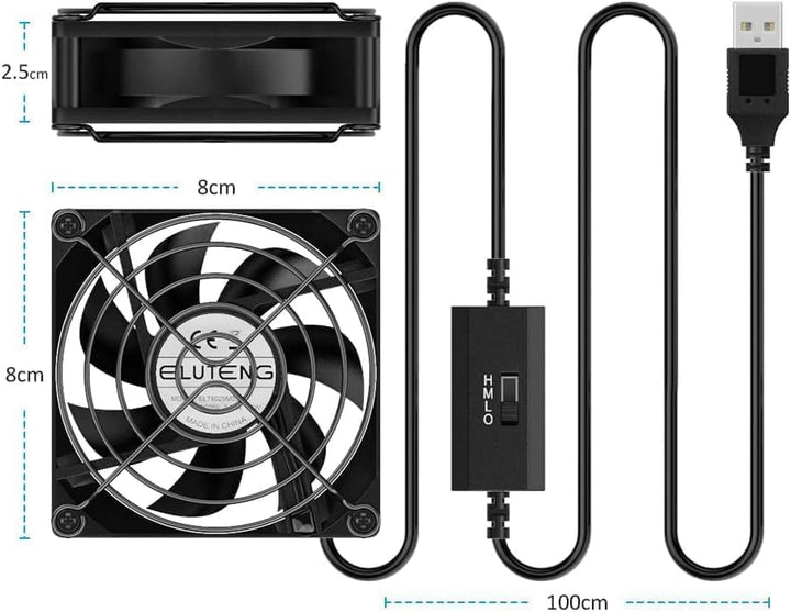 ELUTENG USB Lüfter 80mm 5V mit L/M/H 3 Einstellbare Geschwindigkeiten, Mini Ventilator USB PC Lüfter