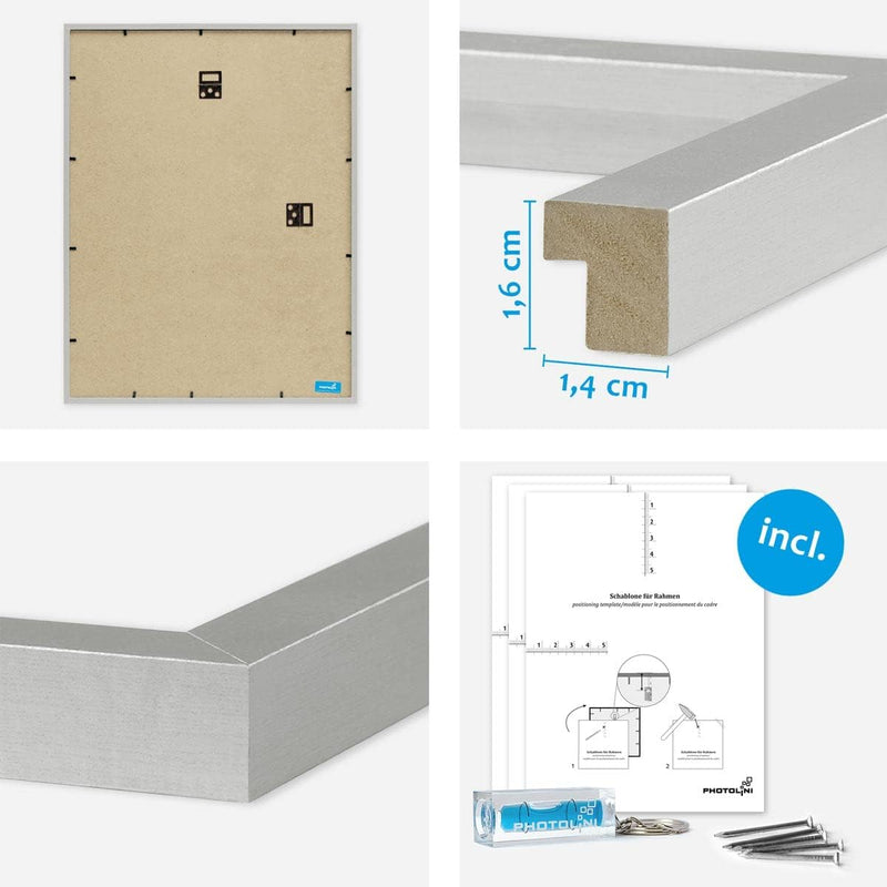 PHOTOLINI Bilderrahmen 30x40 cm Silber MDF-Holz, 9er Set Posterrahmen mit Passepartout, bruchsichere