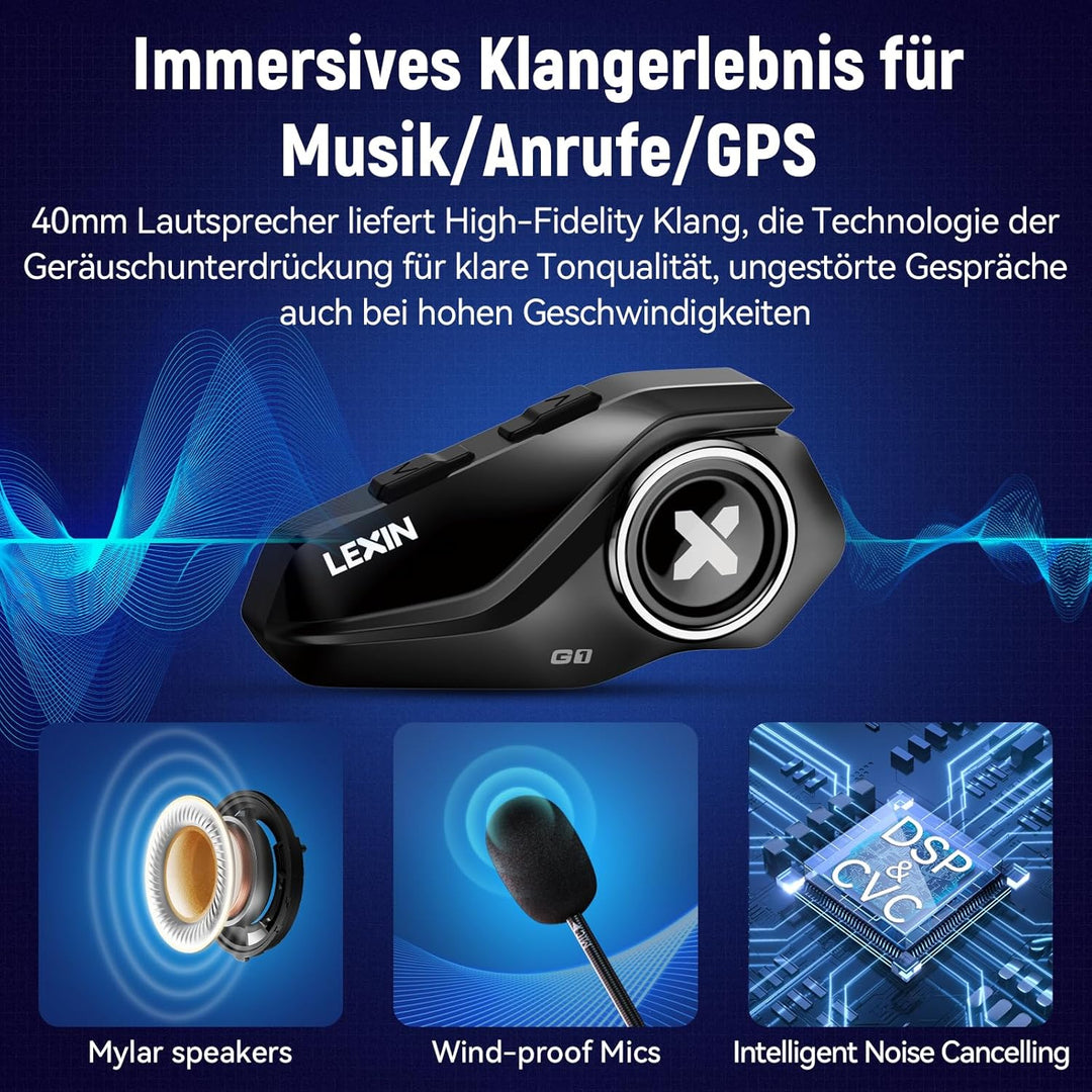 LEXIN G1 Motorrad Bluetooth 5.0 Kopfhörer, Helm Headset für Musik und Navi-Ansage Hören, Freihändige