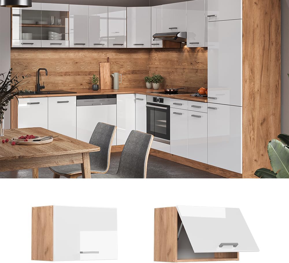Vicco Hängeschrank R-Line, Weiss Hochglanz/Goldkraft Eiche, 60 cm Flach Weiss Hochglanz Hängeschrank