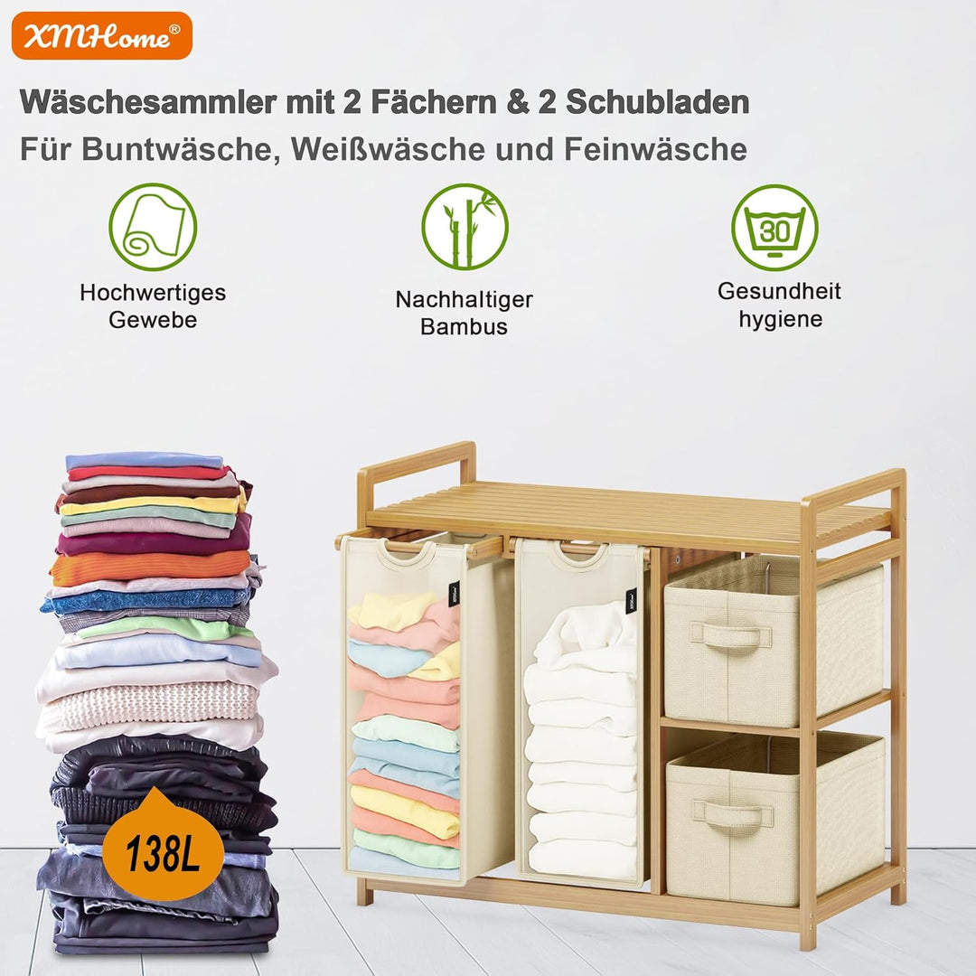 Wäschekorb 138L mit 2 Wäschesäcken &amp; 2 Aufbewahrungsboxen Bambus | 4 Fächer Wäschesortierer mit Bamb