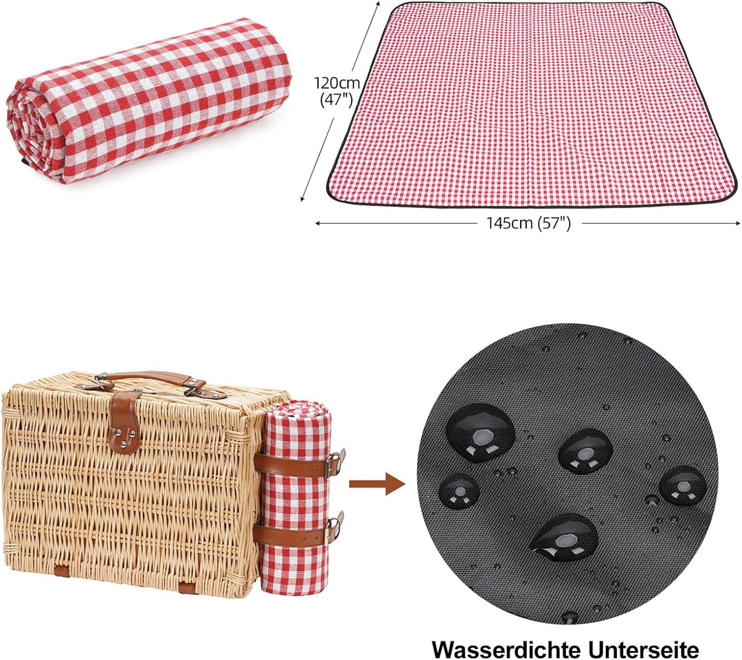 Picknickkorb für 2 Personen, Picknickkorb-Set mit Kühlfach und wasserdichte Picknickdecke, Besteck S
