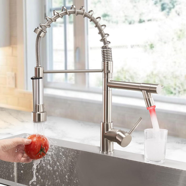 FORIOUS Wasserhahn Küche, Edelstahl-Küchenarmatur mit LED, Spülarmaturen Küche, Zweigriff-Mischbatte
