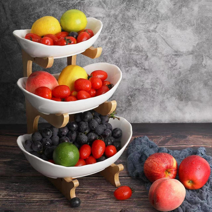 Obst Etagere Obstschale Keramik 3 Stöckig Porzellan Obstteller 3 Etagen mit Natürlichem Bambus Ständ