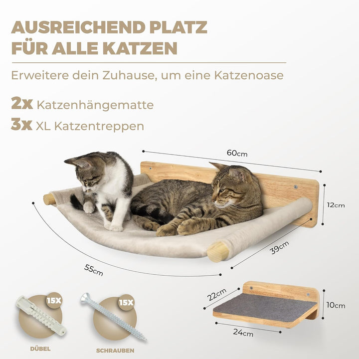 WOOWOOD® Kletterwand Katzen inkl. 2X Katzentreppe Wand [Massivholz] I Kratzbaum Wand I Hängematte Ka