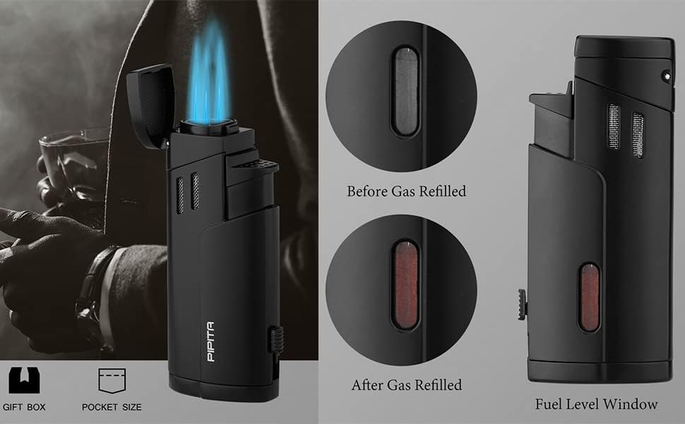 PIPITA Winddicht Fackel Feuerzeuge Sturmfeuerzeug 3 Jet Blauer Flammen Gas Nachfüllbar Metall Feuerz