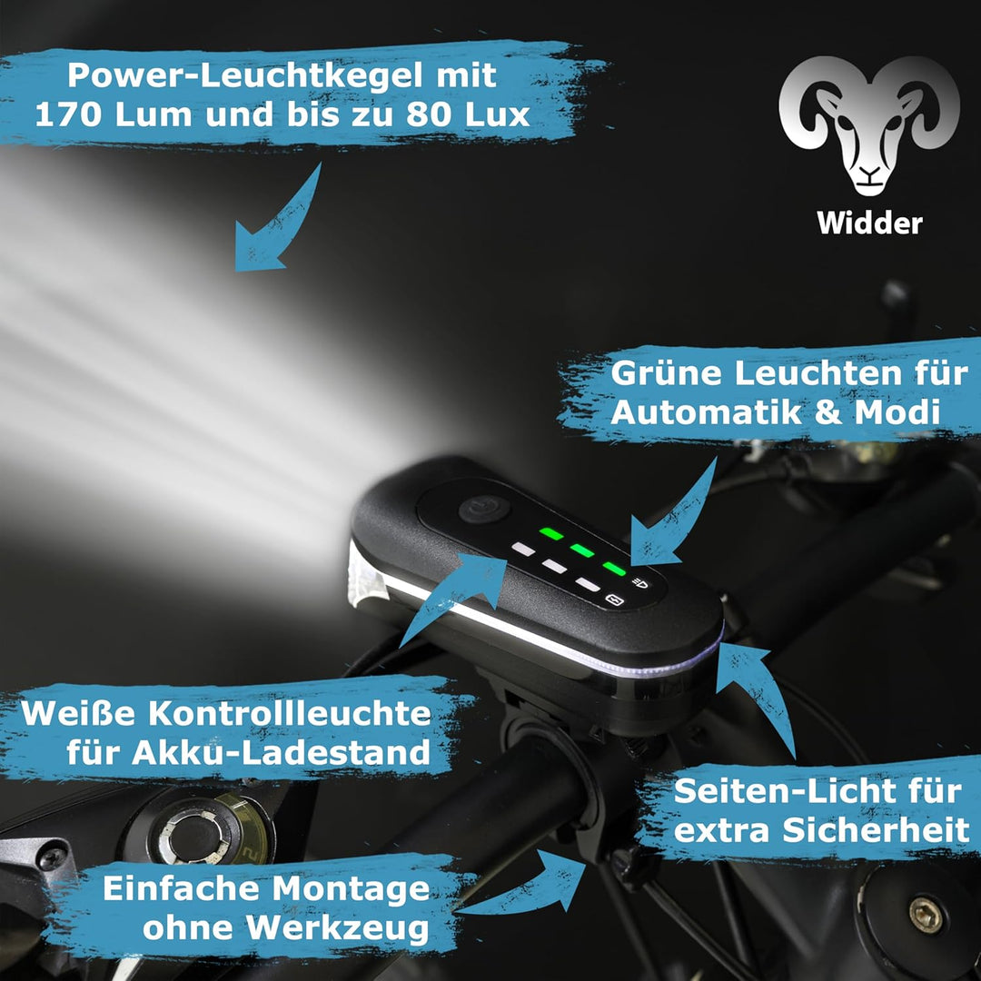 WIDDER Fahrradlicht Set Vorne und Hinten [StVZO zugelassen, extrem hell 170 Lum] – Fahrrad Licht USB