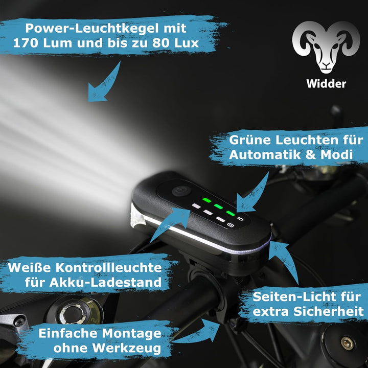 WIDDER Fahrradlicht Set Vorne und Hinten [StVZO zugelassen, extrem hell 170 Lum] – Fahrrad Licht USB