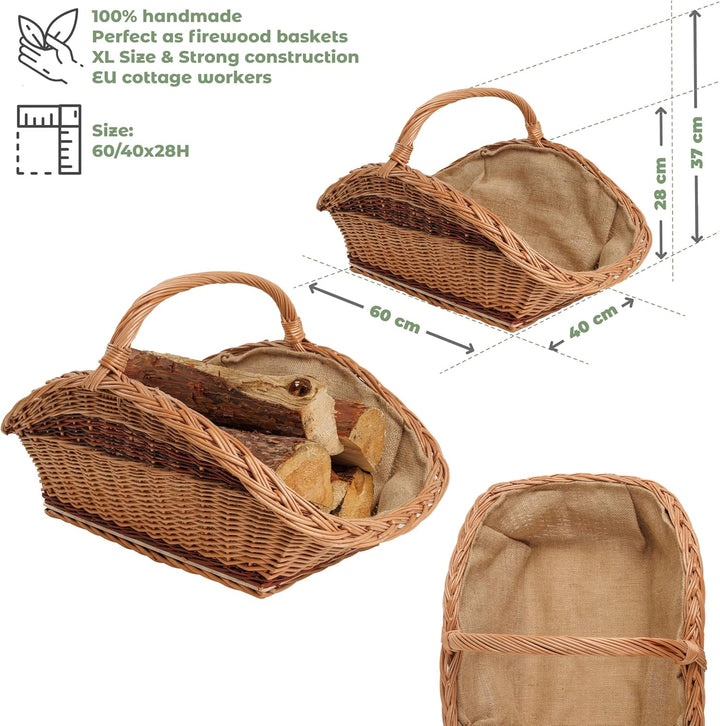 BOGATECO Weidenkorb mit Henkel, rechteckig | Kaminkorb 60x40x28 | Handgewebt, massiv | Holzkorb mit