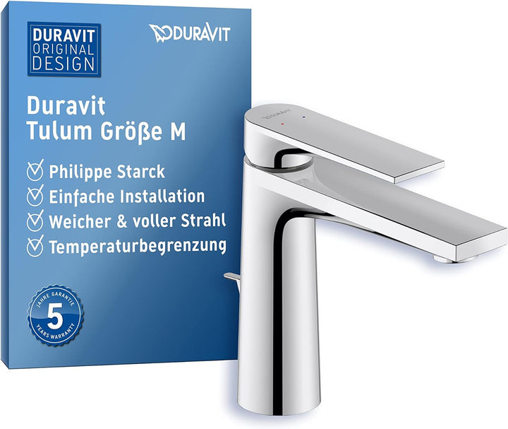 Duravit Tulum Waschtischarmatur, Grösse M (Auslauf Höhe 122 mm), Wasserhahn Bad mit Zugstangen-Ablau