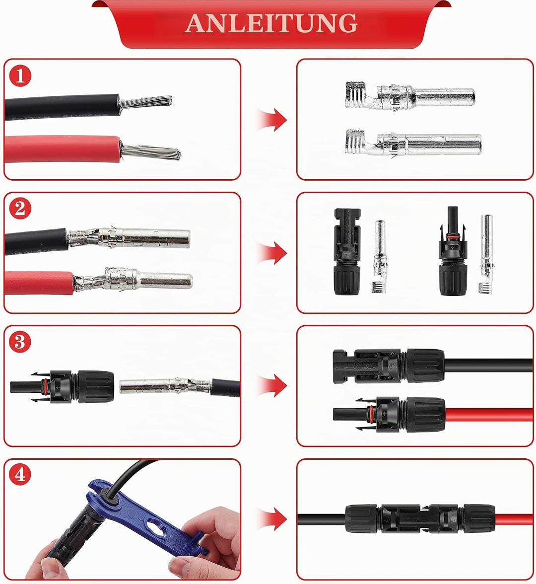 Solar Crimpzange Set für 2.5/4/6mm² Solarpanel PV Kabel, 10 Paar Kabelstecker, 10 Paar Männlich/Weib