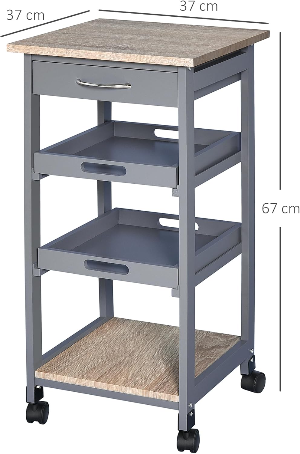 HOMCOM Servierwagen Küchenwagen mit Rollen 2 abnehmbare Tabletts, Schublade, Regal helle Eiche Holz