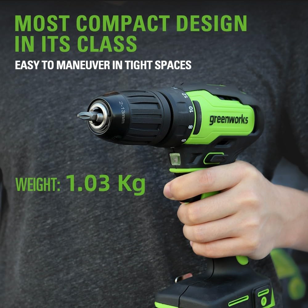Greenworks 24 V Akku-Bohrschrauber, 35 Nm, Bürstenloser Motor, 18 Stufen Drehmomentstufen, 13 mm-Boh