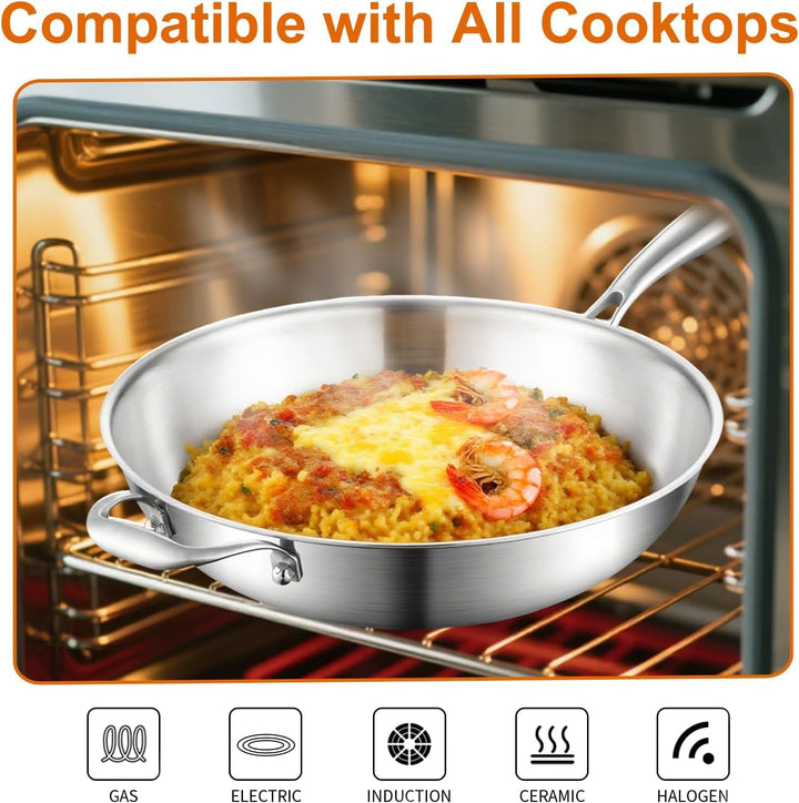 Wokpfanne Unbeschichtet Induktion 30cm: 3-Schichtige Edelstahl Wok,Frei von PFOA,PTFE,mit Deckel und