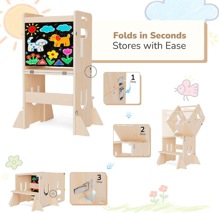 Lernturm für Kinder, klappbarer 3-in-1 Küchenhelfer Tritthocker aus Holz mit Kreidetafel, mit Sicher