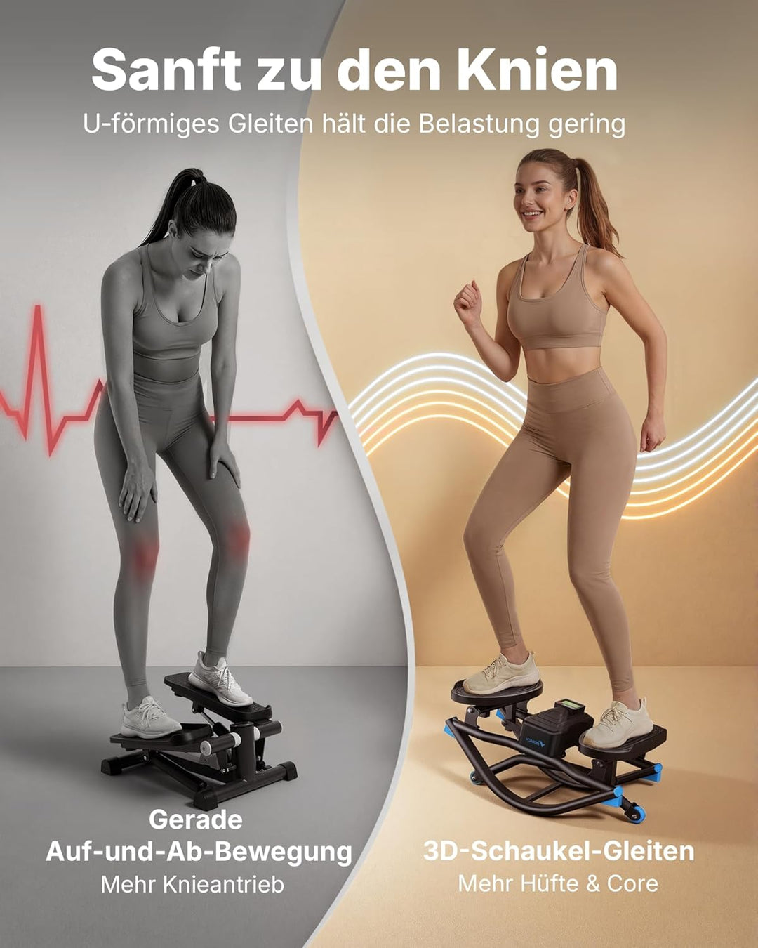 MERACH Stepper für Zuhause mit Power Rope,U-förmiger Rock Stepper,MAX 150KG | Side-to-Side, LCD Disp
