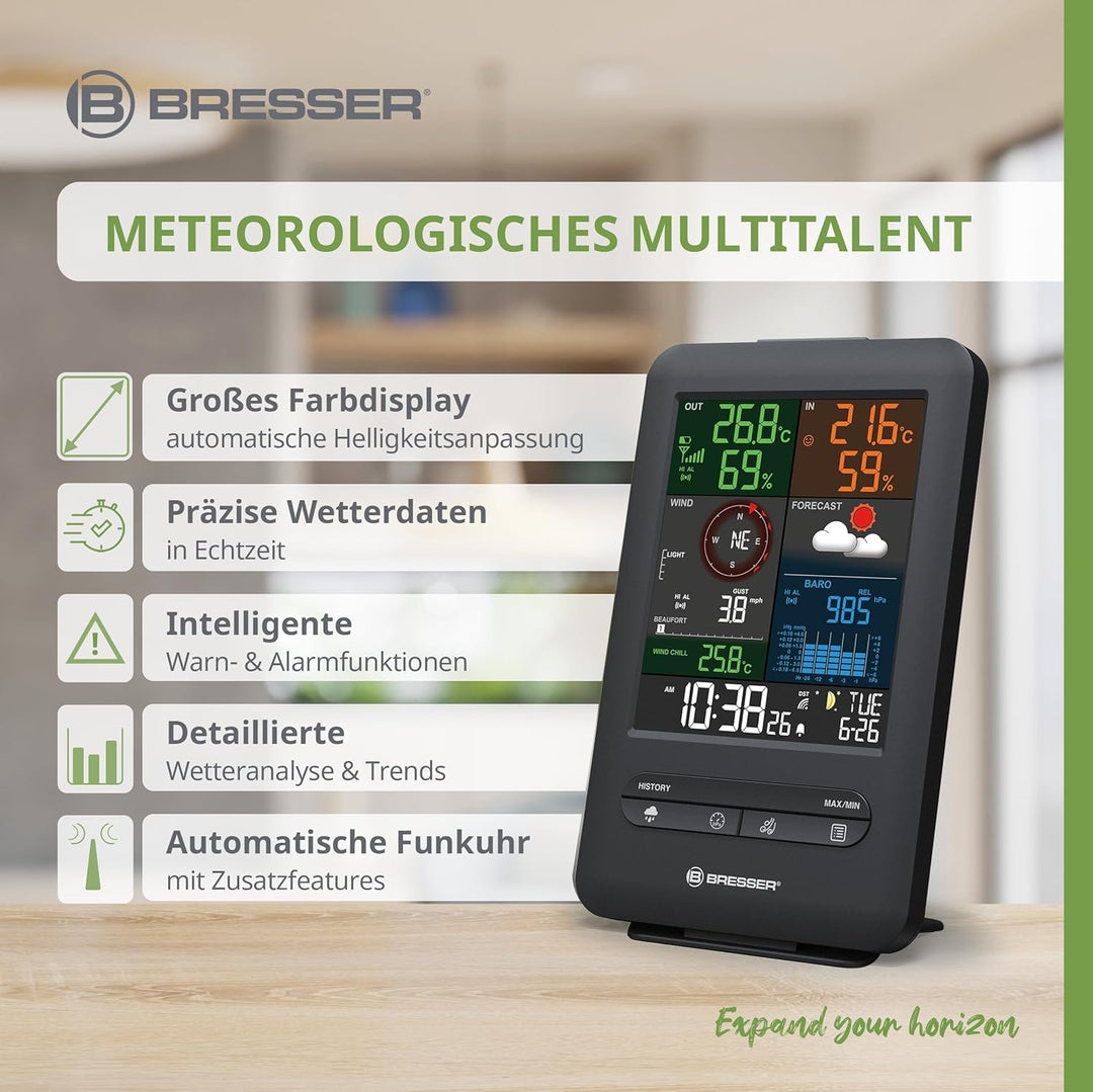 Bresser Wetterstation Funk mit Aussensensor Wetter Center 5-in-1 Beaufort mit grossem Farbdisplay, S