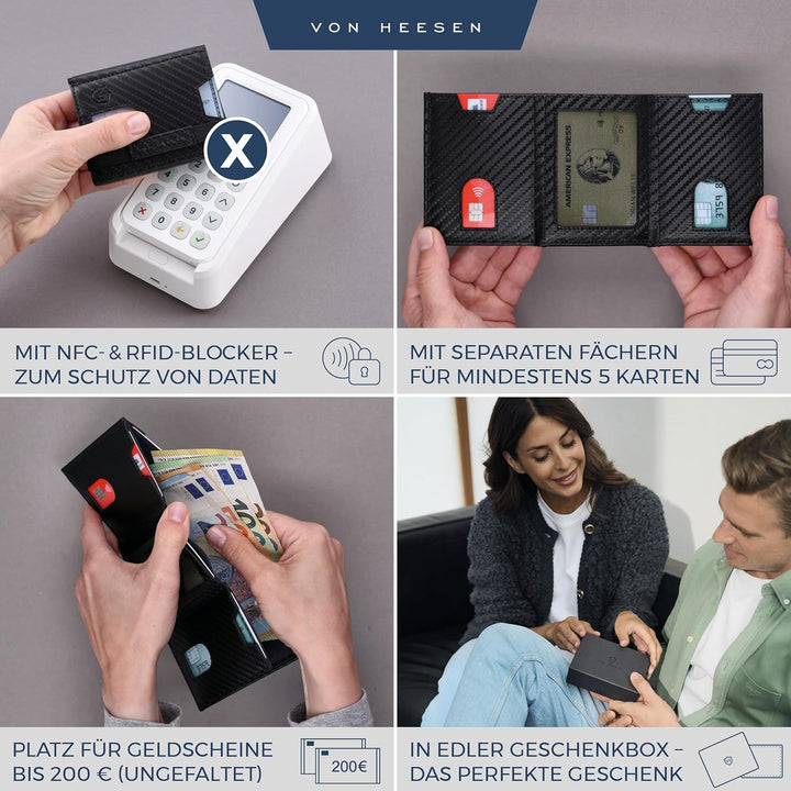VON HEESEN Slim Wallet mit Münzfach & RFID-Schutz - Leder Geldbeutel - Mini Geldbörse für Herren und