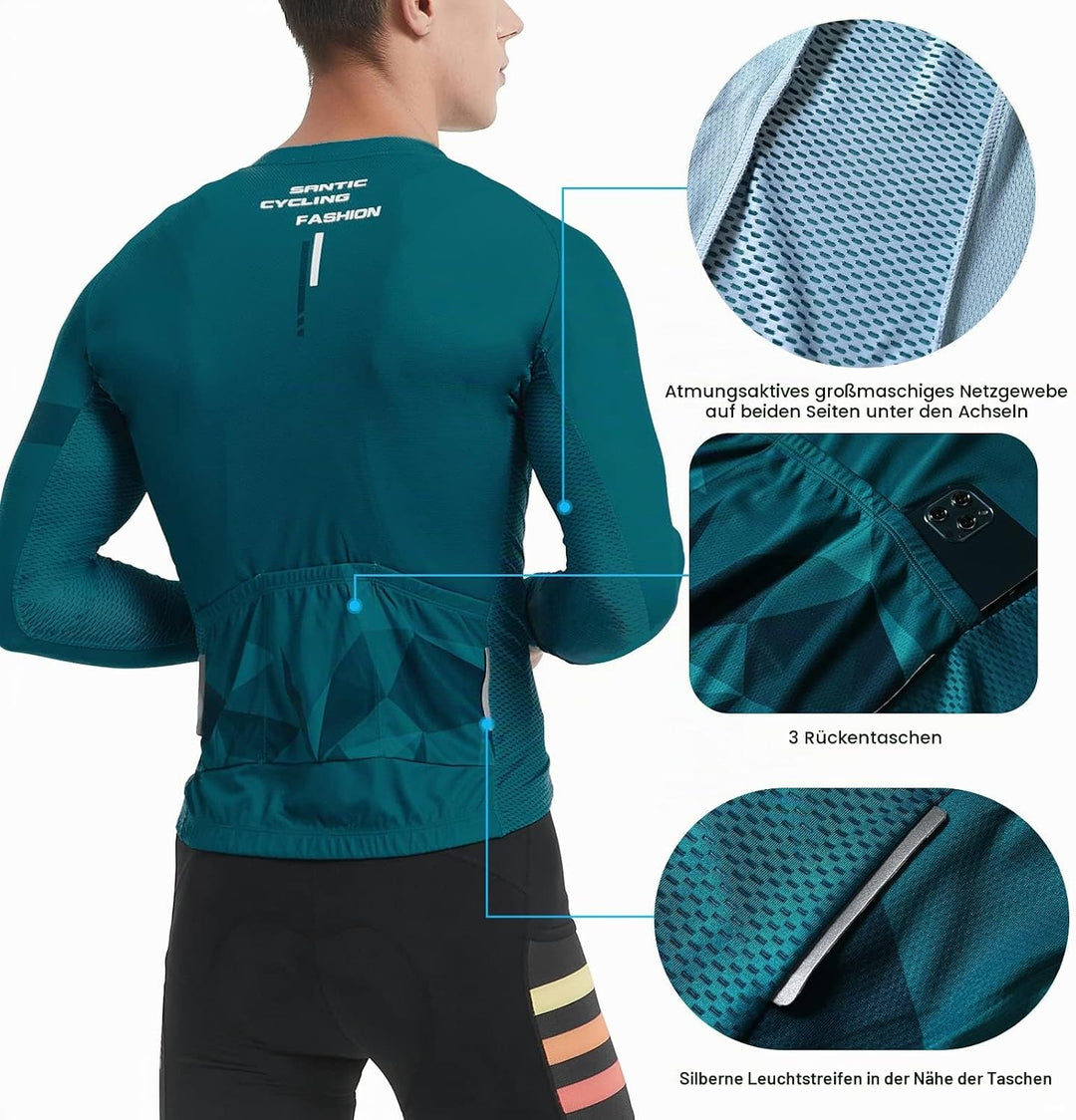 Santic Fahrradtrikot Herren Langarm Radtrikot Fahrradshirt Herren mit Taschen L Grün, L Gr&amp;