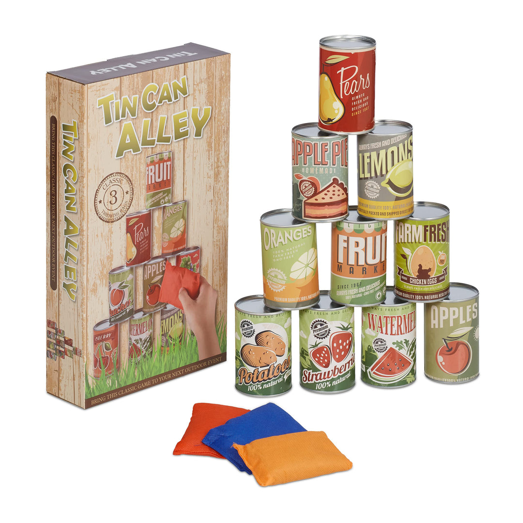 Relaxdays Dosenwerfen für Kinder, Büchsenwerfen Garten, 10 Blechdosen & 3 Säcke, Wurfspiel für Kinde