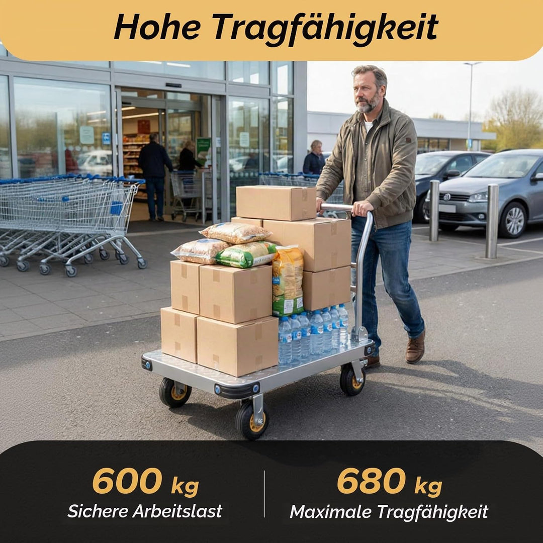 Transportwagen Klappbar 680 kg Tragfähigkeit, 78x48x91 cm Plattformwagen mit 10 cm Bremsrädern, Roll