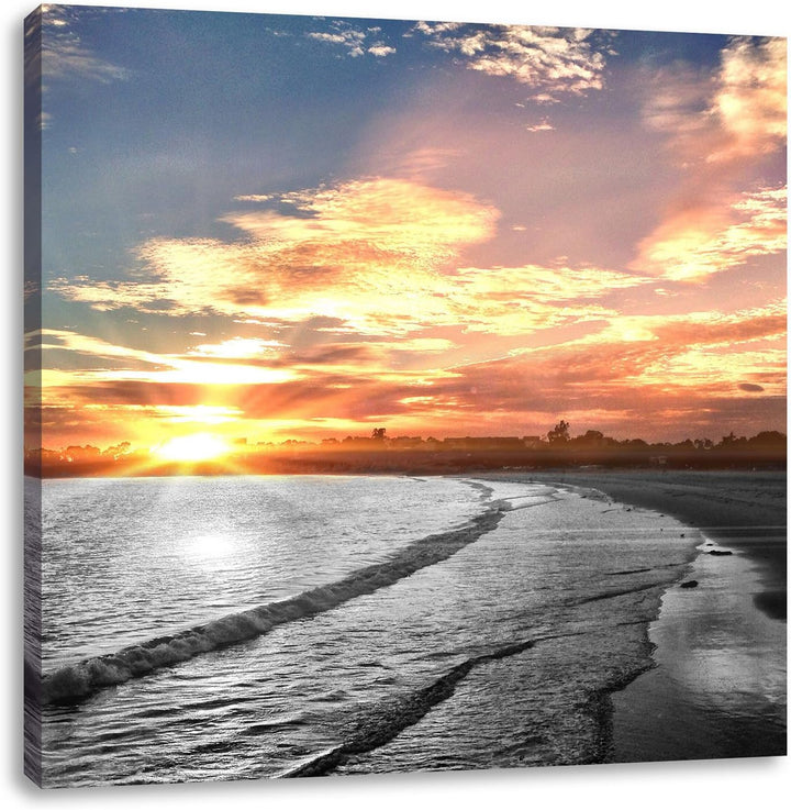 Pixxprint Strand bei romantischem Sonnenuntergang schwarz/weiss, Format: 70x70 auf Leinwand, 70x70