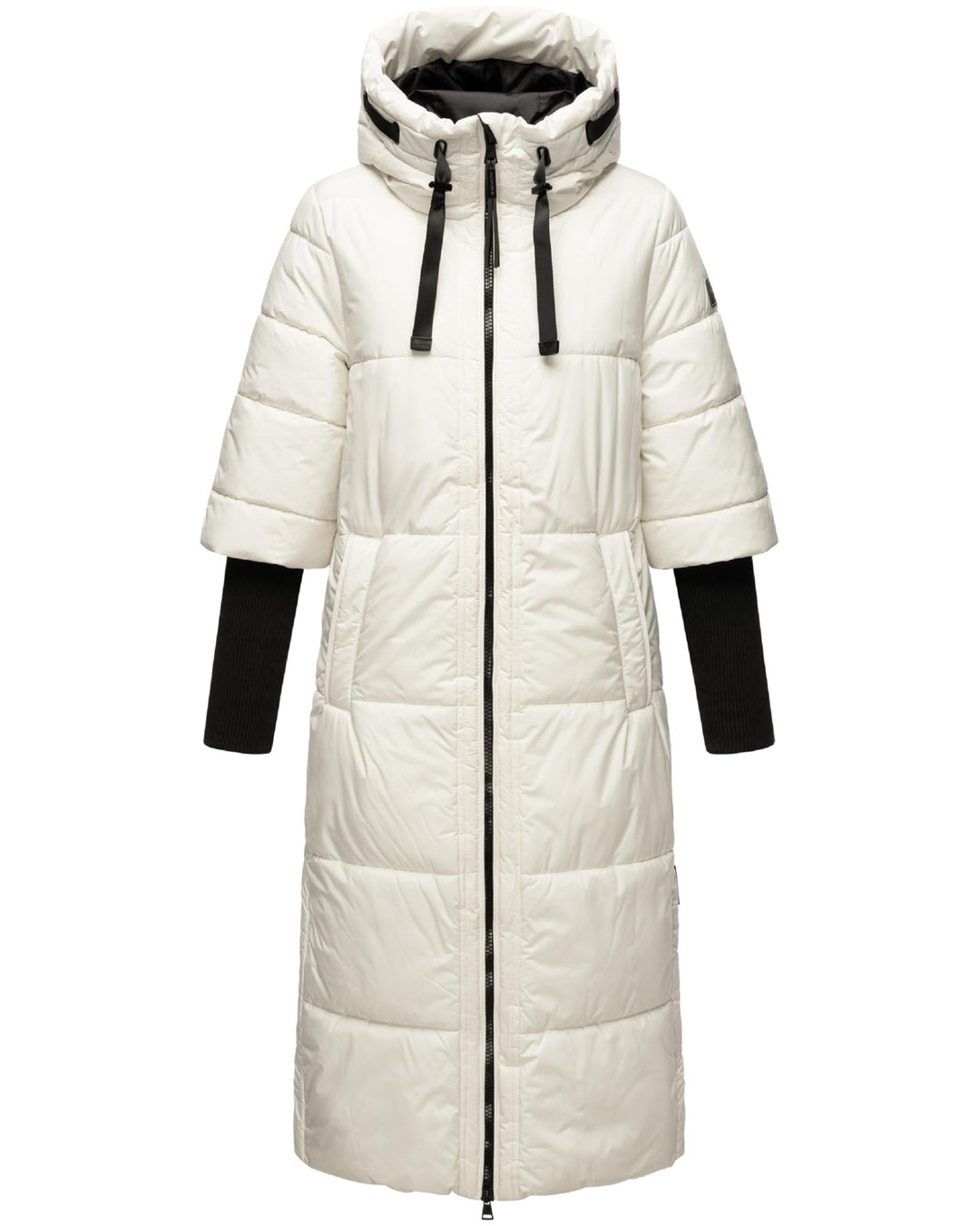 Navahoo Damen Wintermantel Warmer Steppmantel lang mit Kapuze und Rippstrickärmeln Ciao MIAU XIV XS-