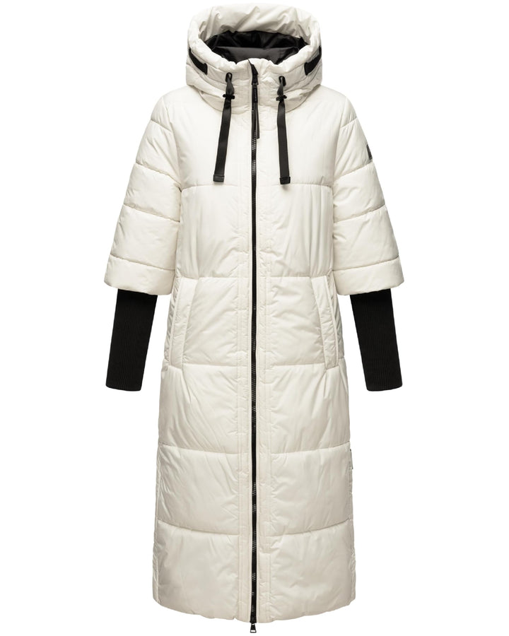 Navahoo Damen Wintermantel Warmer Steppmantel lang mit Kapuze und Rippstrickärmeln Ciao MIAU XIV XS-