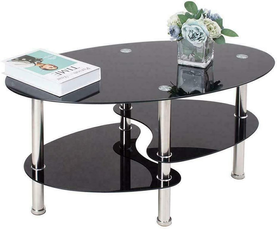 DDMINE Couchtisch, Gehärtetes Glas Wohnzimmertisch, Ovaler Couchtisch mit Rutschfesten Beinen und St