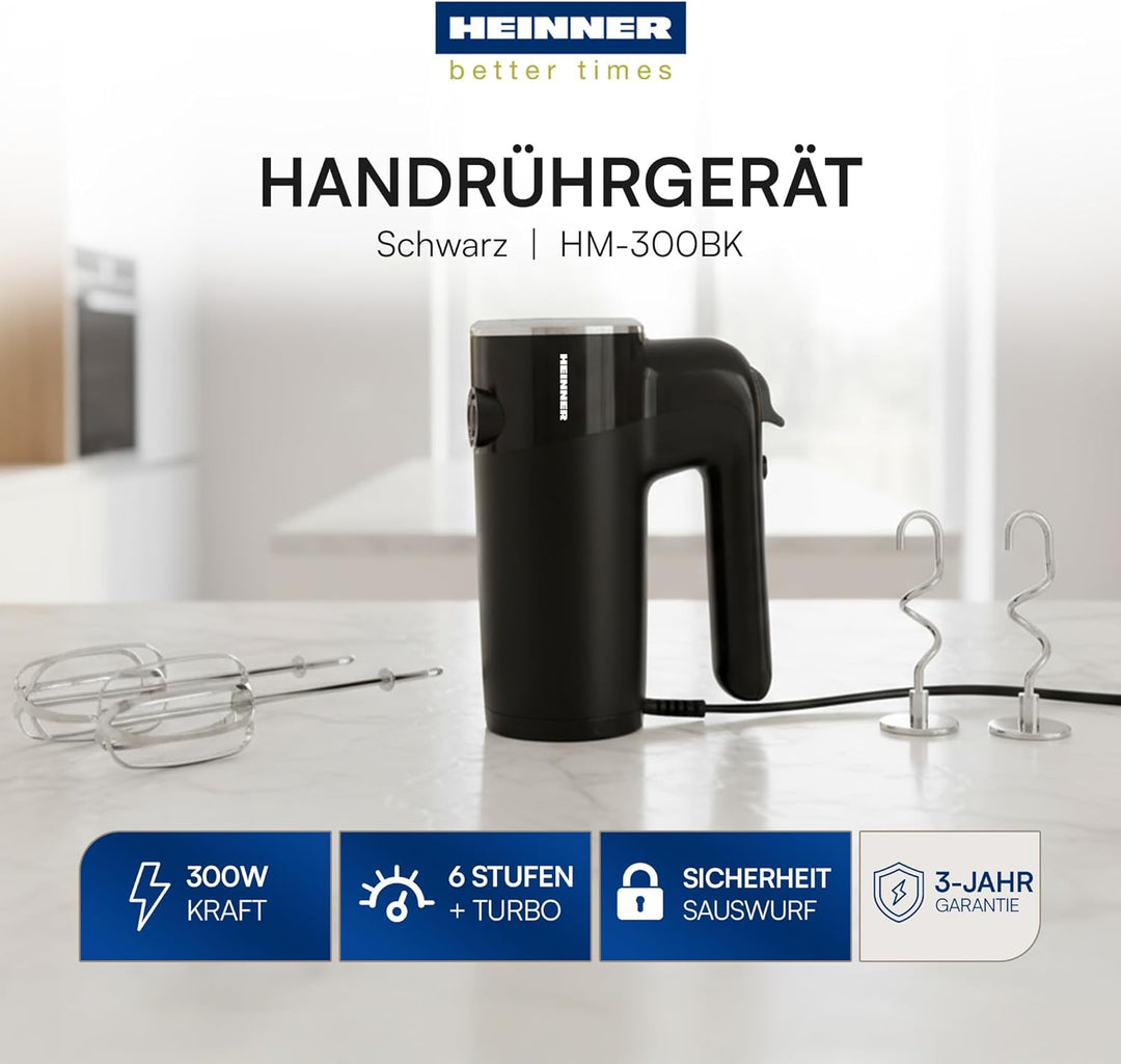 HM-300BK Hand Mixer – 300W Power, 5 Speed Settings + Turbo Function, Stainless Steel Beaters & Dough