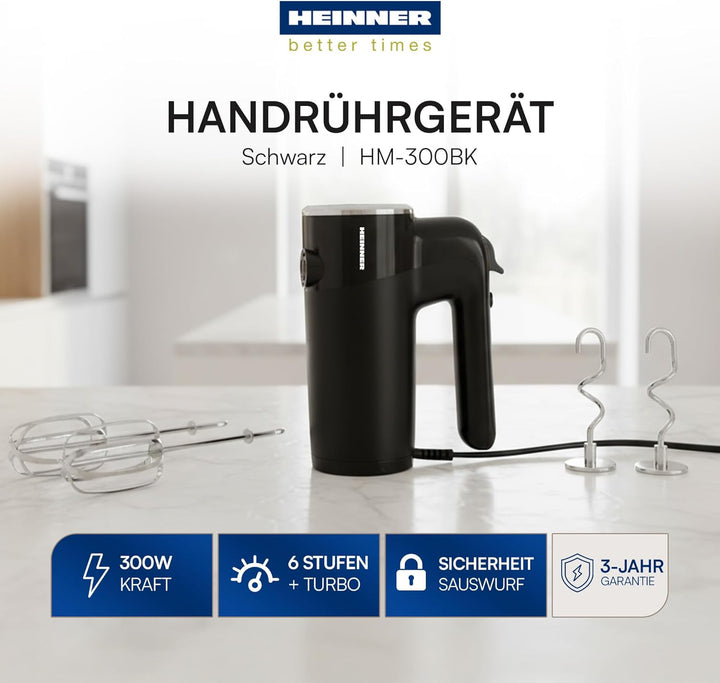 HM-300BK Hand Mixer – 300W Power, 5 Speed Settings + Turbo Function, Stainless Steel Beaters & Dough