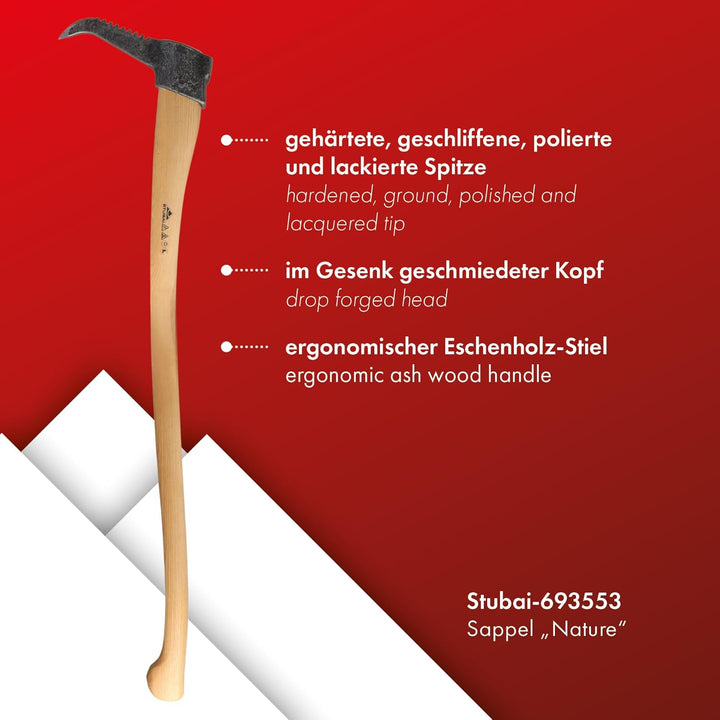 STUBAI Sappie Nature mit Zahnung | Sappel Unterländer Form mit Eschenholz-Stiel | 1100 g Kopfgewicht