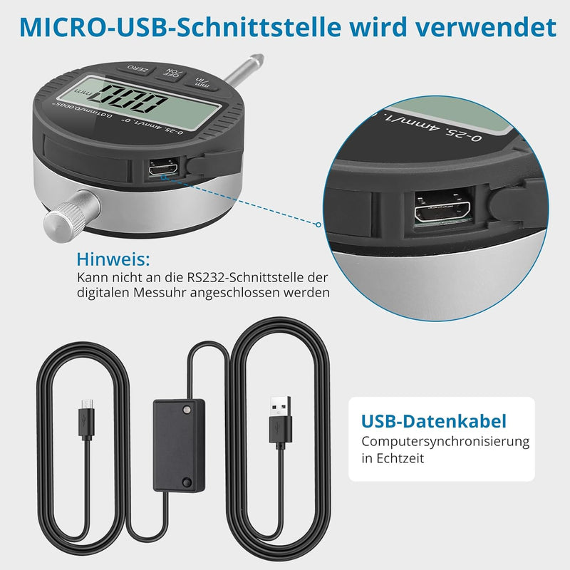 AUTOUTLET Digitale Messuhr mit 3M Micro Datenkabel, Digital Messuhr Messtaster 0-25.4mm/1&