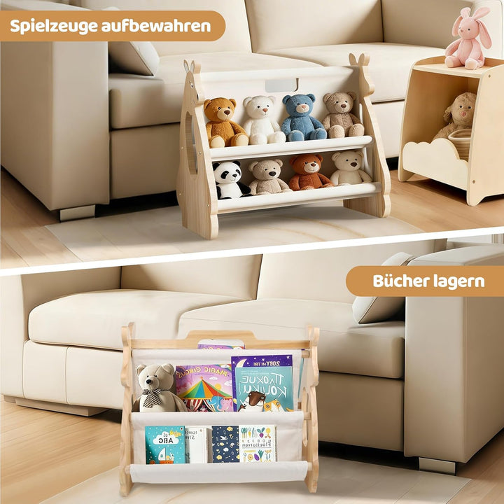 Bücherregal Kinder, Montessori Regal mit Doppelter Seite Holzregal Bücherkiste Tragbar mit Griff Off
