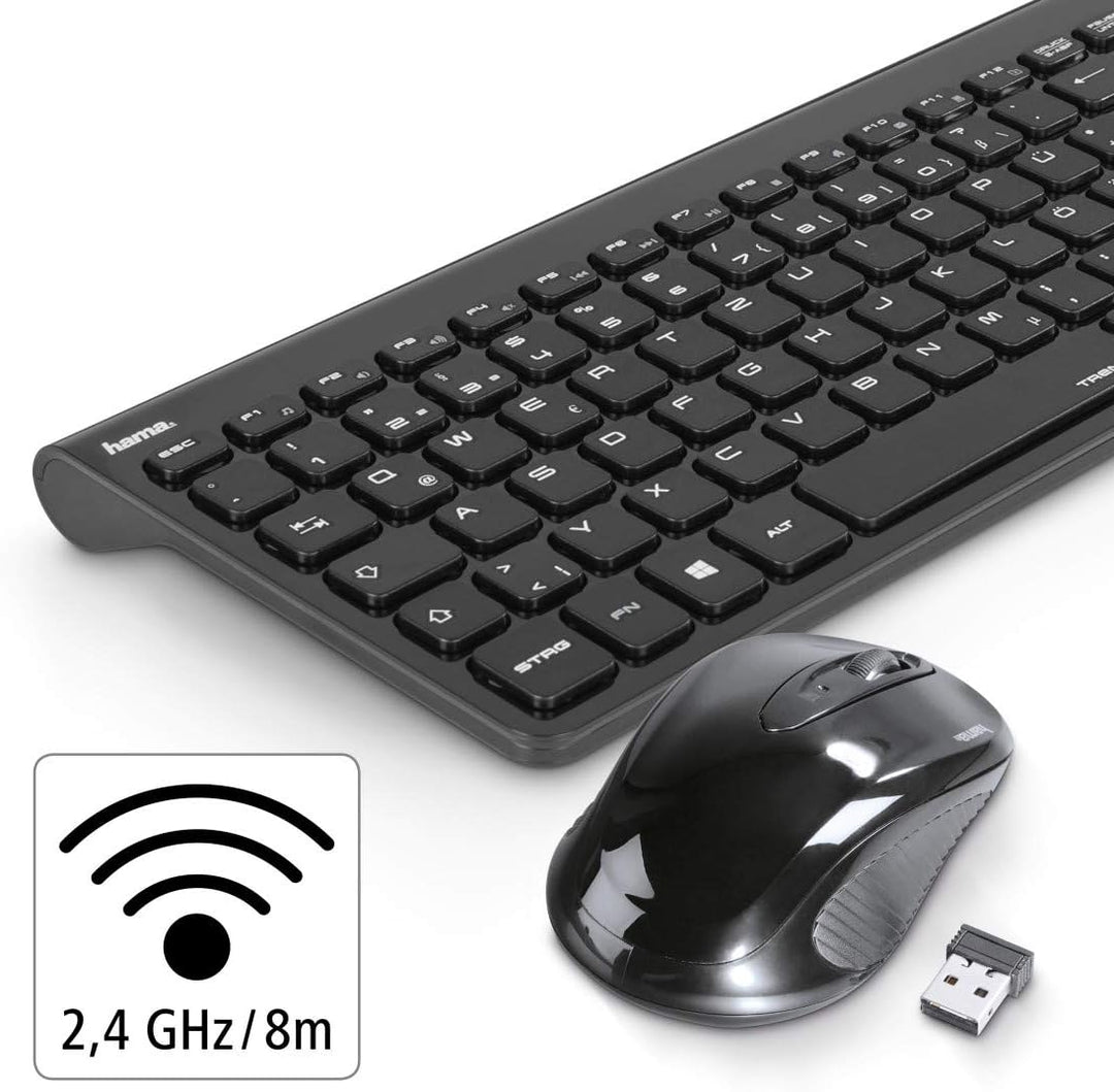 Hama Funk-Tastatur mit Maus Set kabellos (leise Computer-Tastatur mit flachen Tasten, Ziffernblock,