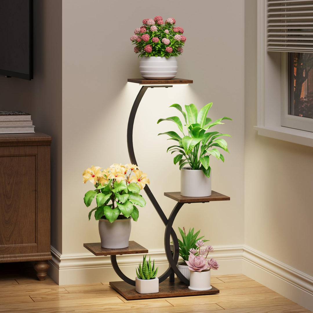 Pflanzenständer mit Wachstumslicht - 4 Ebenen Blumenständer 81cm Metall Holz Pflanzenregal - Innen &