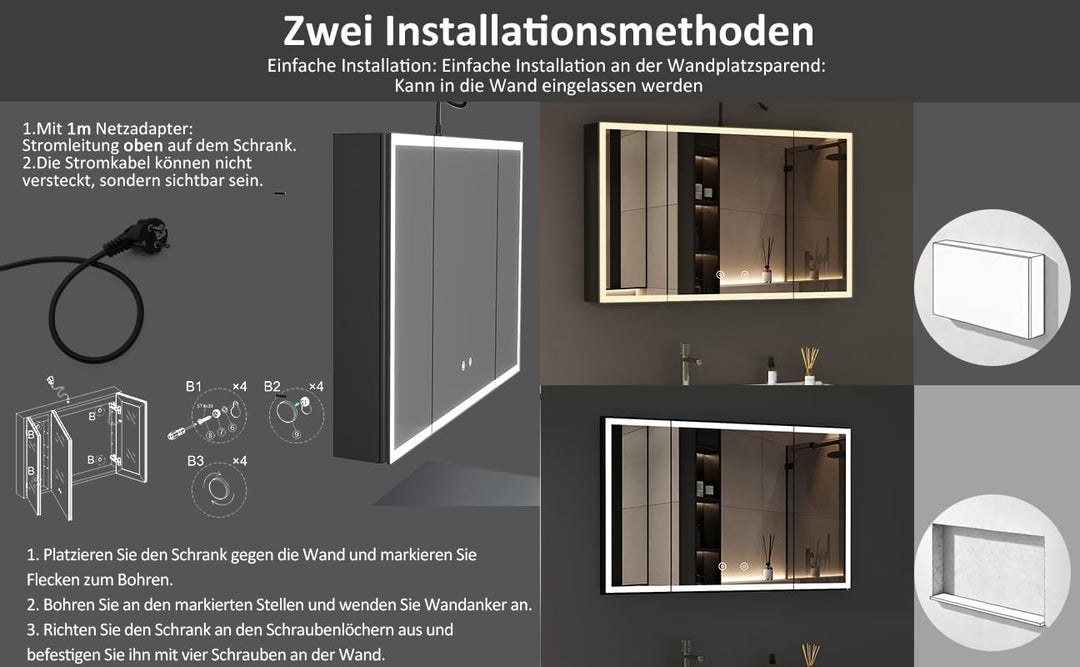 Boromal 3 Türen Spiegelschrank Bad mit Beleuchtung Schwarz Spiegelschrank mit Beleuchtung Metall LED