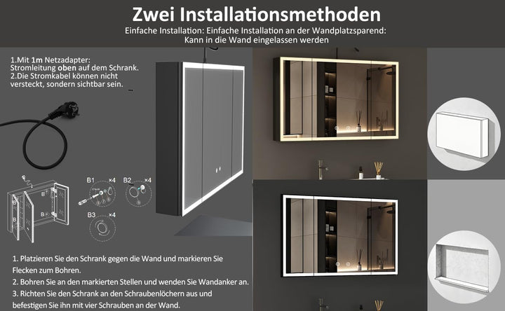Boromal 3 Türen Spiegelschrank Bad mit Beleuchtung Schwarz Spiegelschrank mit Beleuchtung Metall LED