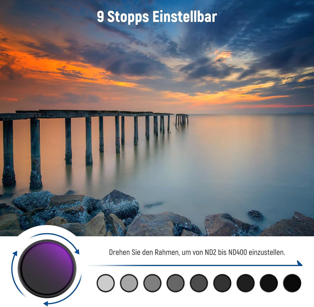 NEEWER 67mm ND2-400 (1-9 Stop) Variabler ND Filter mit Objektivdeckel Trageband Reinigungstuch präzi