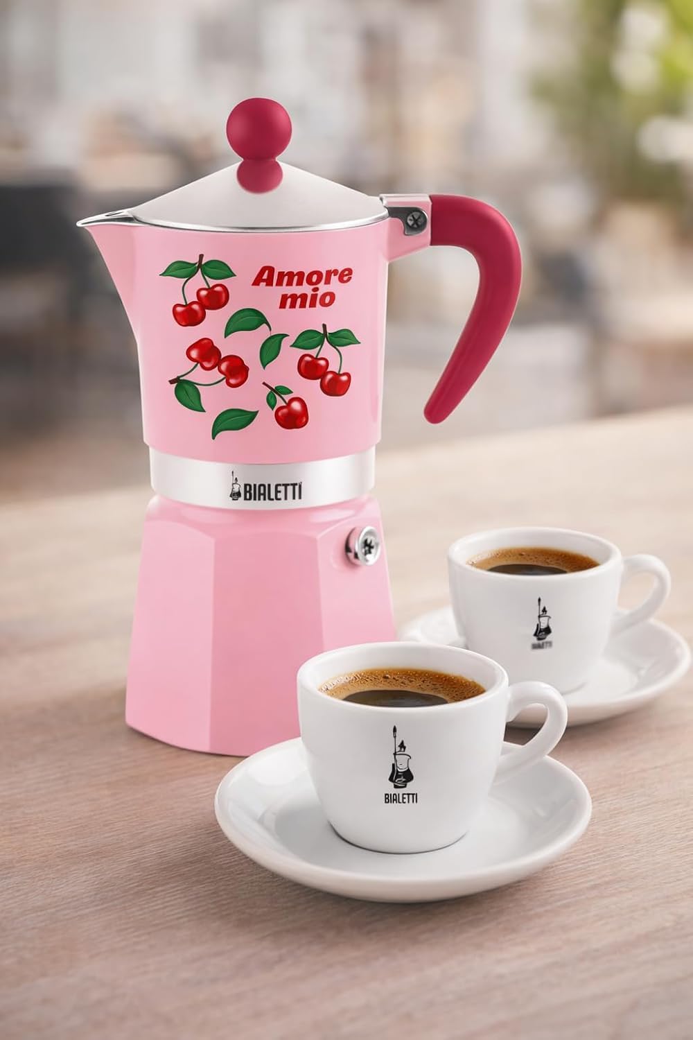 Bialetti Amore Mio Rainbow 3-Tassen-Espressokanne, Rot mit Kirschen, Aluminium, 130 ml, Manuelle Esp