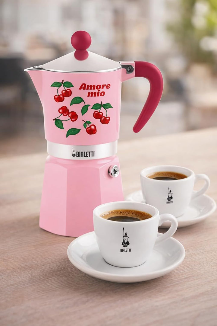 Bialetti Amore Mio Rainbow 3-Tassen-Espressokanne, Rot mit Kirschen, Aluminium, 130 ml, Manuelle Esp