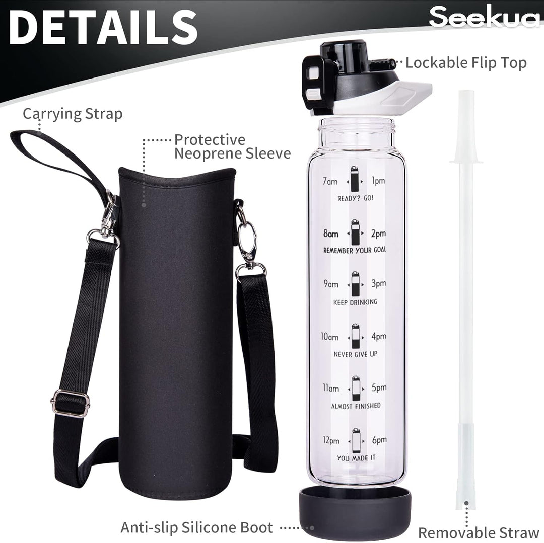 Seekua 1l Sport Trinkflasche Glas Flasche mit Strohhalm & Zeitmarkierung auslaufsicher bpa frei 1 li