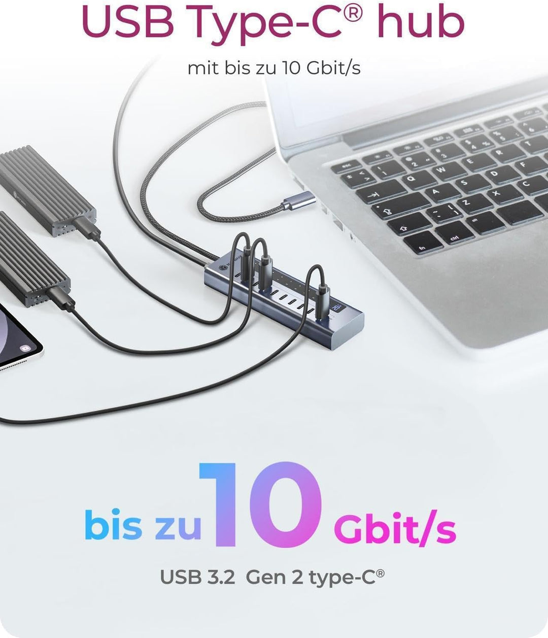 ICY Box 10-Port USB-C Hub, 9X USB 3.2 Gen 2 (10 Gbit/s), 1x USB-C Power Delivery 20 W, Aluminiumgehä