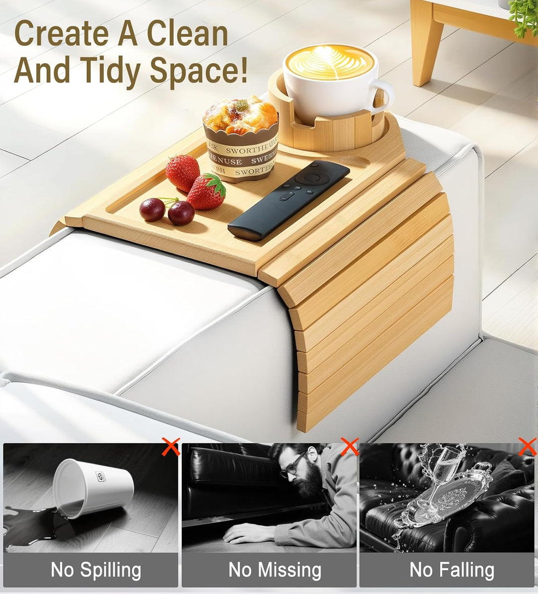 Kssiaz Couch Armlehne Tablett, Bambus Sofatablett Tisch für Couch, Armlehnenablage für Sofa mit Getr