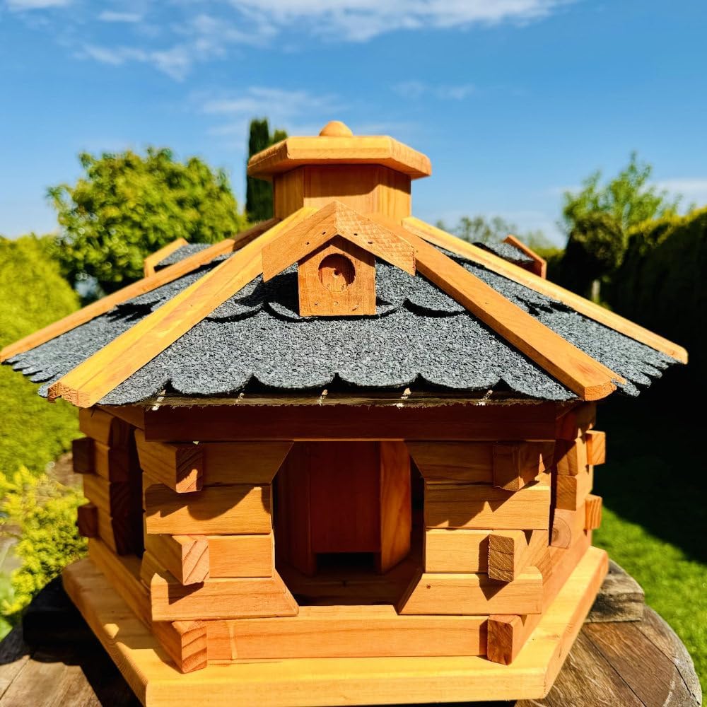 DARLUX Handgefertigtes Sechseck Vogelhaus aus Holz wetterfest M - XL mit und ohne Ständer I Futterha