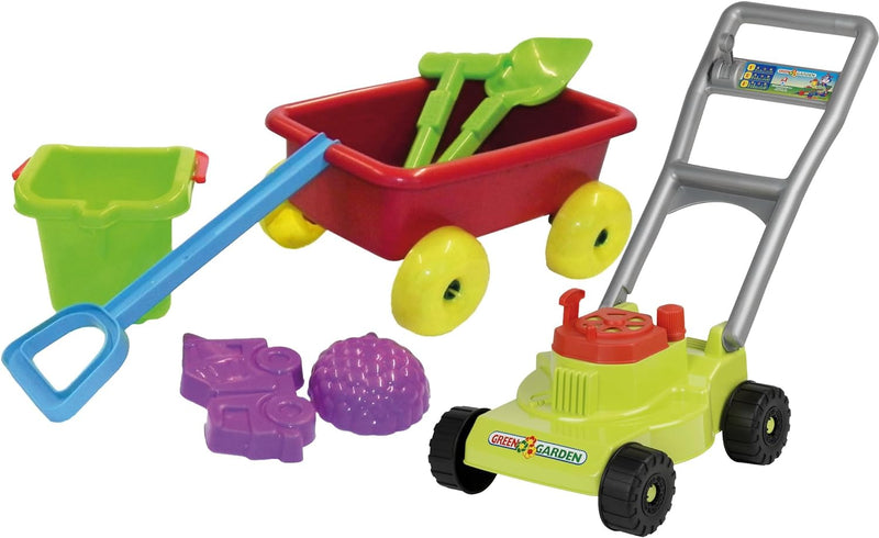The Toy Company Rasenmäher mit Bollerwagen Leiterwagen Sandspielzeug Set Kinder Gartenspielzeug