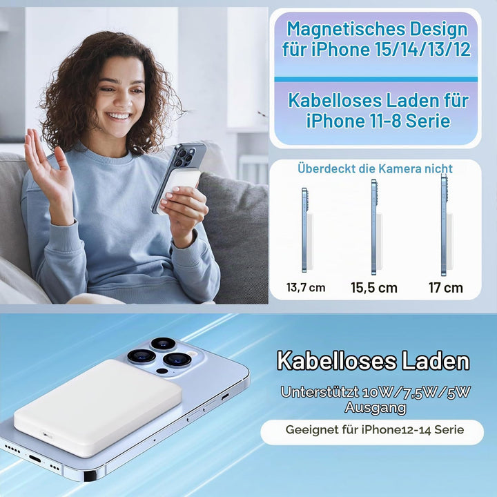 Powerbank für MagSafe, Magnetische Wireless Power Bank 10000mAh Schnellladefunktion Ladegerät, Kabel