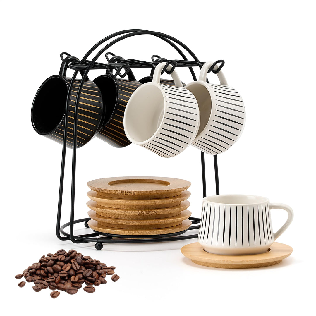 PORCER Set mit 6 Keramik-Kaffeetassen 130 ml (4,4 oz) mit Holzuntertasse und schwarzem Metallständer